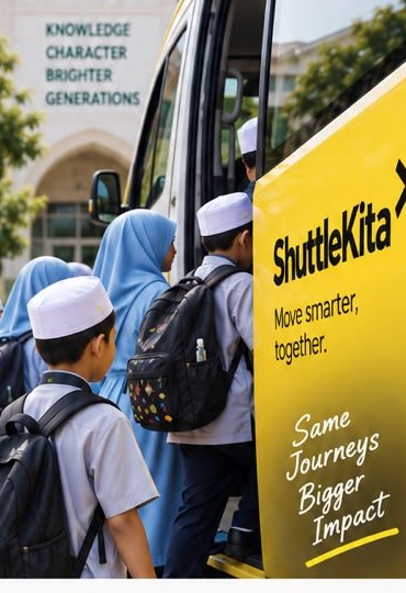 Children boarding a ShuttleKita van outside their school